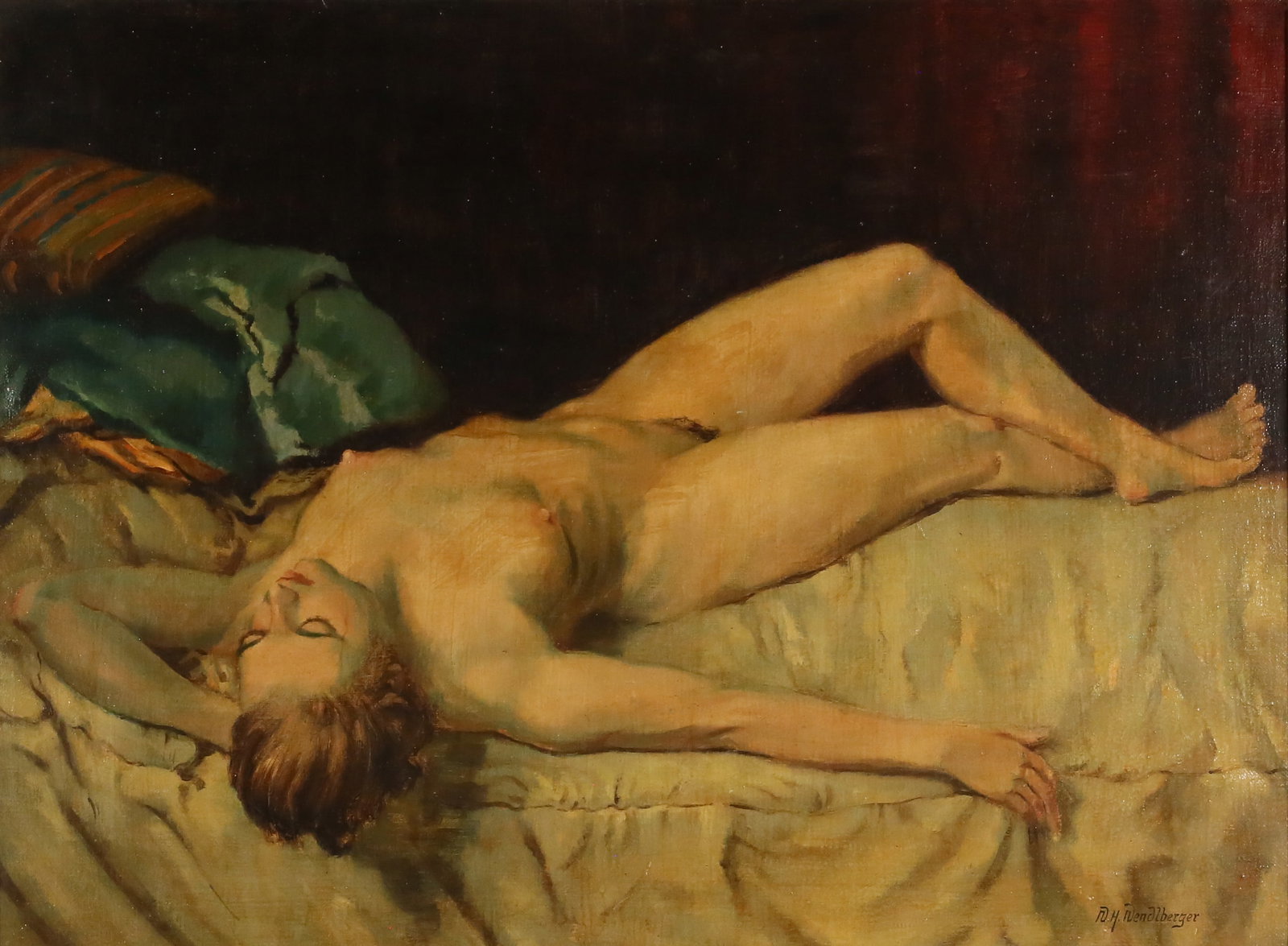 Wenzel Hermann Wendlberger Oil on Canvas Nude: Wenzel Hermann Wendlberger (Germany, 1882-1945). Oil on canvas sleeping nude. Signed lower right W.H. Wendlberger. 20 3/4" x 28" (with frame 28" x 35 1/4"). Inpainting to background at top; chips and 