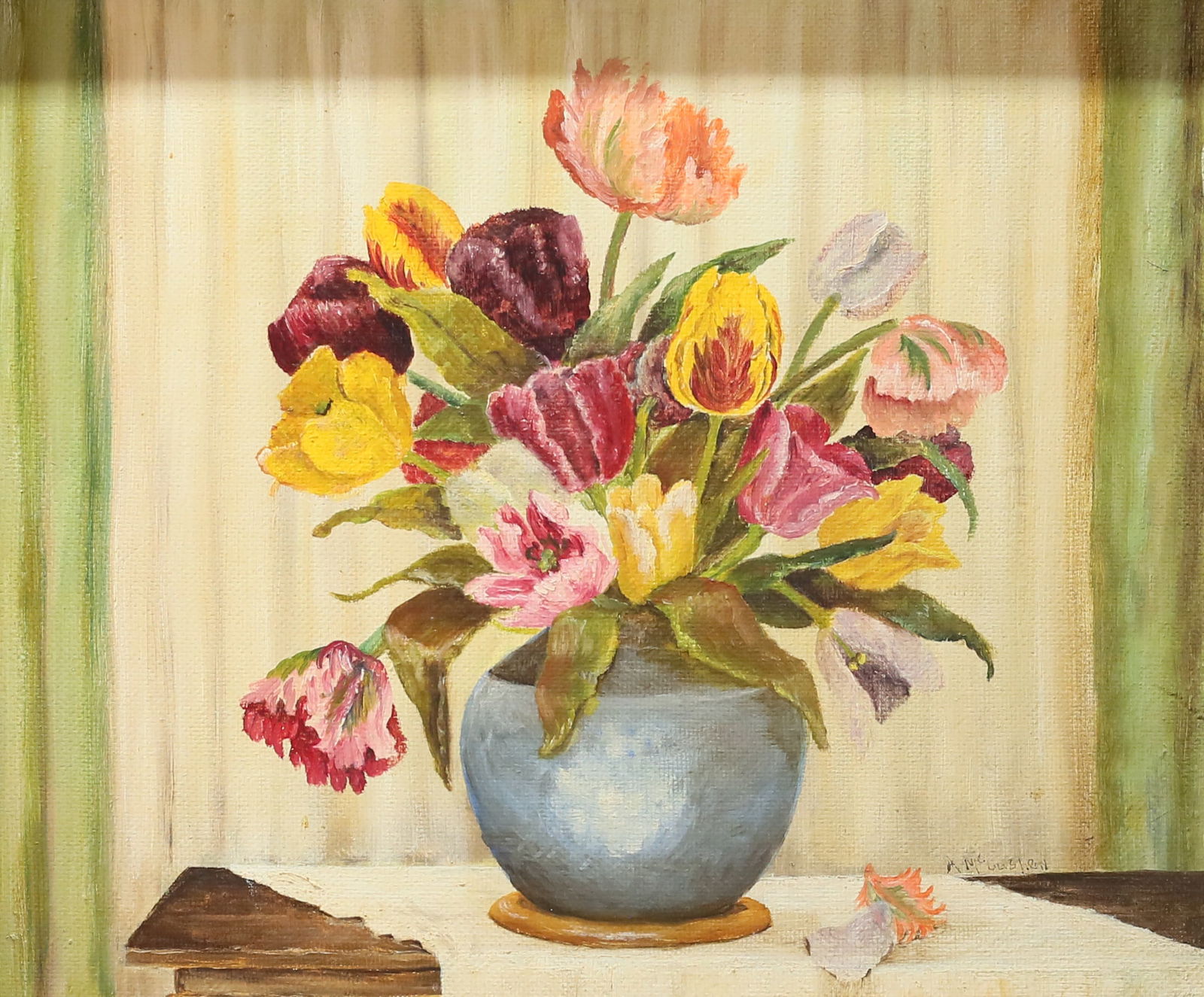Signed McCashen Oil on Masonite Still Life: Oil on Masonite, still life with flowers. Signed lower right A. McCashen, and titled Tulips and dated 1951 on verso. 13 1/2" x 16 1/2" (with frame 20 1/4" x 23 3/8"). Crack to Masonite along right sid
