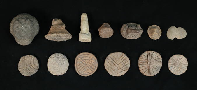 Collection of Pre-Columbian Taino Artifacts: Collection of pre-Columbian Taino pottery and stone artifacts, including seals / pintaderas, carvings. 13 pieces. Largest round seal 2 3/4"-diameter.