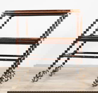 Regency Style Bamboo Form Bar Cart: Regency style bamboo form bar cart. 20th century. Two tiers, carved wooden bamboo form, large rubber casters. Wear, marks, and staining throughout wood of tiers. Scratches, marks and scuffs throughout