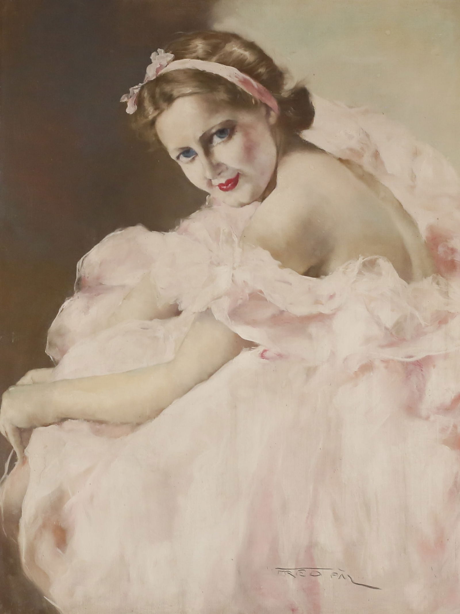 Pal Fried Oil on Canvas Ballerina: Pal Fried (Hungary / American, 1893-1976). Oil on canvas, portrait of a woman. Signed lower center Fried Pal. 31" x 23 1/2" (with frame 36 7/8" x 29 1/4"). Paint loss, scratches and discoloration to e