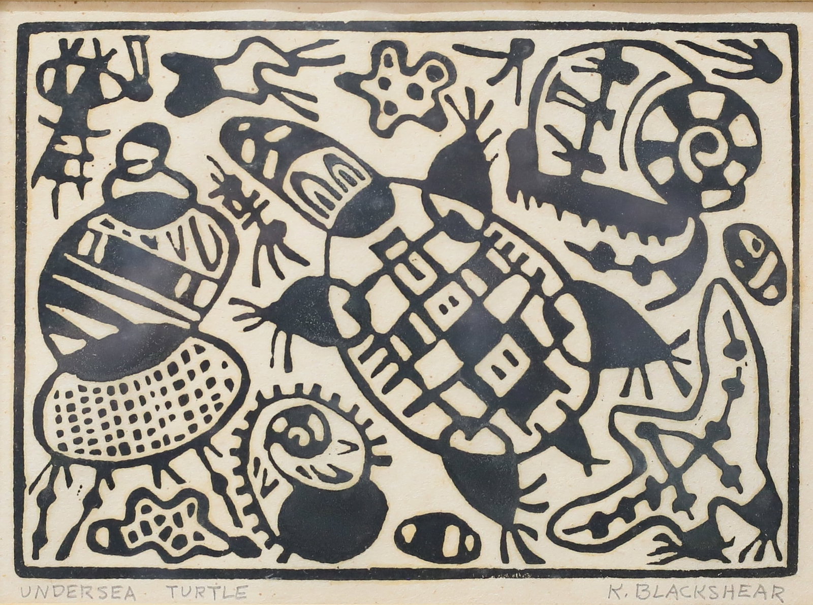Kathleen Blackshear Linocut Undersea Turtle (1 of 6)