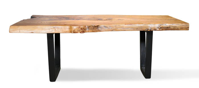 George Nakashima Style Live Edge Dining Table: Custom live edge dining table in the style of George Nakashima (Spokane, WA, 1905-1990). Burled English Elm slab form top on u-form metal bases. Finished in oil-based polyurethane. Black scuffs and sm