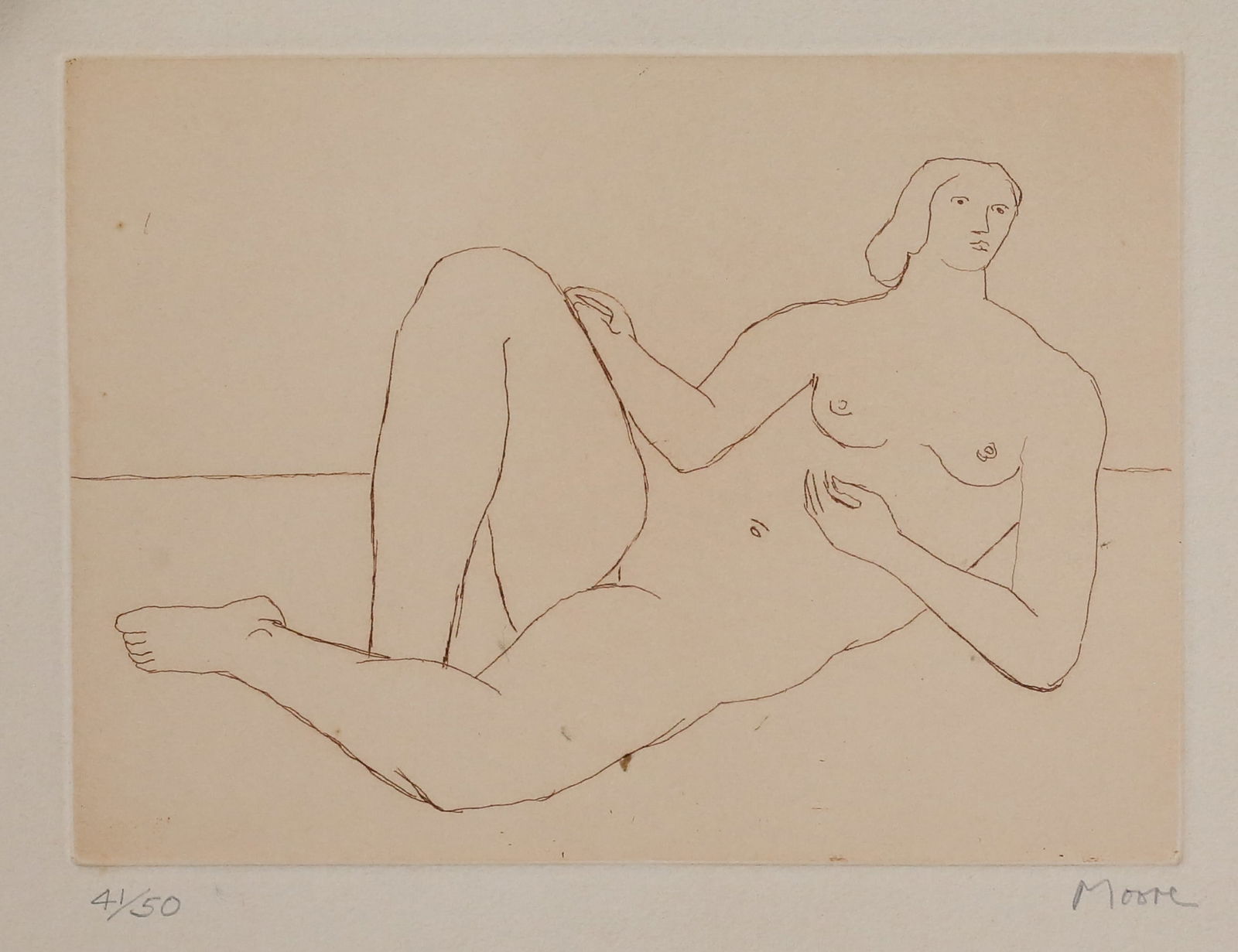 Henry Moore Etching Reclining Nude: Henry Moore (British, 1898-1986). Etching, reclining nude. Pencil signed lower right and numbered 41/50 in pencil, lower left. Blindstamp lower right. Image 5 3/4" x 7 7/8" (sheet 10 7/8" x 12 3/8").