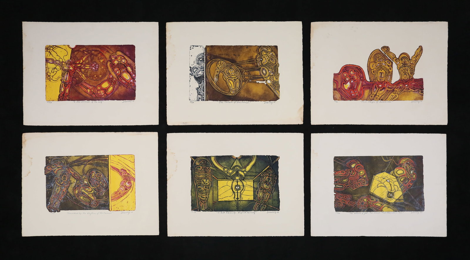 Juan Downey Awarness of Love Suite 6 Etchings: Juan Downey (Chile, 1940-1993). 6 colored etchings, the Awareness of Love portfolio (no text pages). A New Dimension of the Self, The Process of Communion, Three Stages of Awareness, Preceded By the R