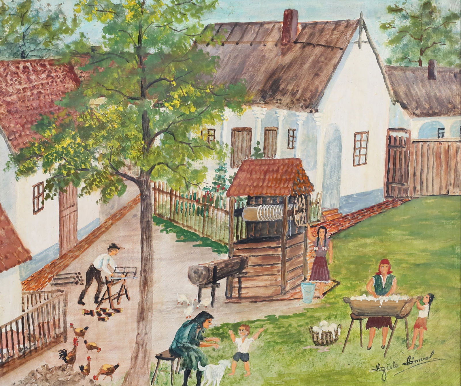 Folk Art Oil on Masonite Daily Life Scene (1 of 5)