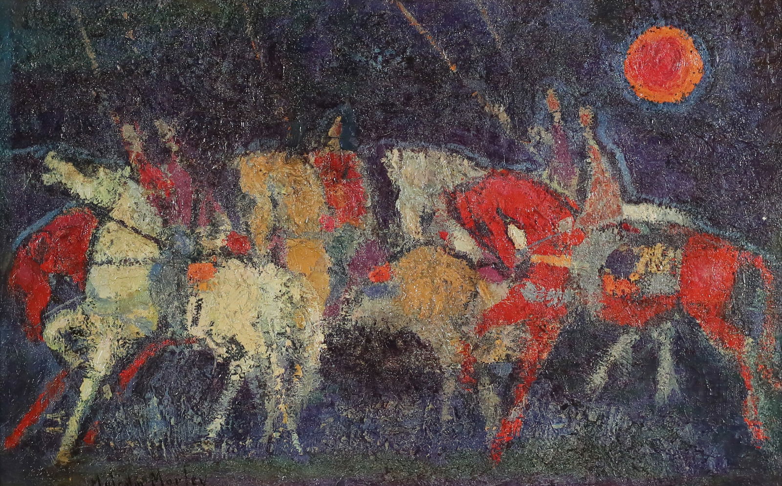 After Nissan Engel Print on Canvas Lancers: After Nissan Engel (Israel, 1931-2016).Textured print on canvas, Lancers. Spuriously signed lower left Malcolm Morley. 30" x 19 1/8" (with frame 28" x 38 3/4"). Paint loss and chip center right.