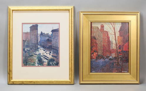 2 Street Scene Prints Halpert & Maryles: 2 street scene prints. Flatiron building print, after Samuel Halpert, 10 1/4" x 9" (with frame 19 1/2" x 16 1/2"); Simie Maryles, street scene giclee, signed and numbered 26/195 in silver ink, 12