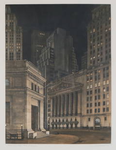 Frederick Mershimer Mezzotint NY Stock Exchange: Frederick Mershimer (American, 1958-). Color mezzotint with aquatint, New York Stock Exchange. Pencil signed lower right and numbered 16/100 and titled in pencil lower left. Sight size 19 3/4" x 14 3/