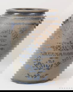5 Gallon James Hamilton Greensboro Stoneware Crock: 5 gallon blue decorated 2 handled stoneware crock. Jas. Hamilton & Co., Greensboro, PA. 15 3/8"H x 9"-diameter at top. Losses to painted lettering, minor chips to handles, minor chip to base, scratch