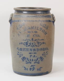 5 Gallon James Hamilton Greensboro Stoneware Crock: 5 gallon blue decorated 2 handled stoneware crock. Jas. Hamilton & Co., Greensboro, PA. 15 3/8"H x 9"-diameter at top. Losses to painted lettering, minor chips to handles, minor chip to base, scratch