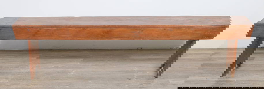 Primitive Rustic Farmhouse Bench: Primitive rustic farmhouse bench. American, 19th century. Top with tapered ends on either side and arch-form legs. Scratches, scuffs, marks, and wear throughout wood. Chips and losses to wood on corne