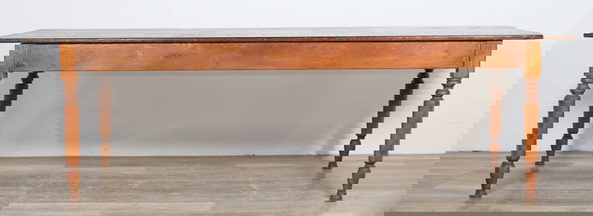 American Rustic Farmhouse Dining Table: American rustic farmhouse dining table. Pine table with turned legs. "JD" and "BURN" painted and stamped into underside of table. Heavy, marks, scratches, staining and wear throughout wood of top. Scu