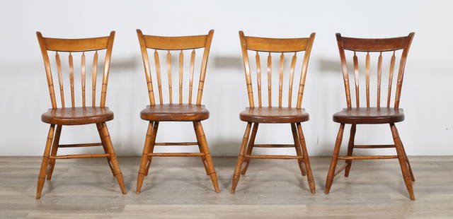 Four Primitive Farmhouse Dining Chairs: Four primitive farmhouse dining chairs. 19th century. Bentwood splats and turned legs and stretchers. Heavy scratches, marks, scuffs and wear throughout seats of all chairs, split to wood at top on on