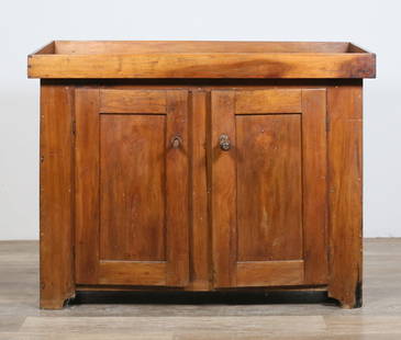 American Primitive Dry Sink: American primitive rustic dry sink. 19th century. Maple, two doors, one fixed shelf. "Dr. P.R. Koons" painted onto back of cabinet. Marks, staining and wear throughout wood. Door pulls are mismatched