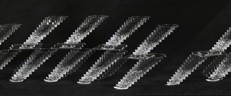 11 Waterford Crystal Kenmare Tumblers: 11 pieces signed Waterford crystal stemware. Tumblers / highball glasses in the Kenmare pattern. All with etched Waterford marks. 10 each 5"H, one smaller diameter and 4 7/8"H. One chipped on the rim.