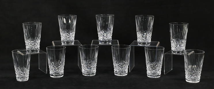 11 Waterford Crystal Kenmare Tumblers: 11 pieces signed Waterford crystal stemware. Tumblers / highball glasses in the Kenmare pattern. All with etched Waterford marks. 10 each 5"H, one smaller diameter and 4 7/8"H. One chipped on the rim.