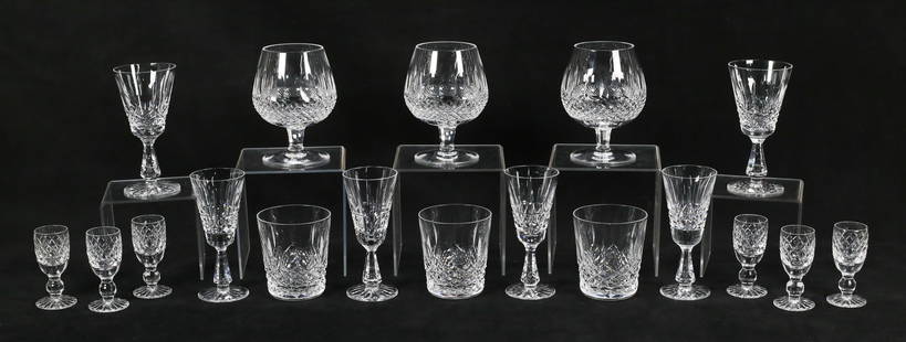 18 Pieces Waterford Crystal Stemware: 18 pieces signed Waterford stemware in various patterns. All with etched Waterford marks. 3 Kenmare pattern old fashioned glasses, each 3 1/2"H; 2 Kenmare white wines, each 5 1/2"H; 4 Kylemore sherry