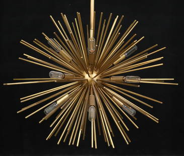 Restoration Hardware Sputnik Chandelier: Restoration Hardware modern Sputnik star burst hanging light fixture. Brass tone finish, 24 lights. 45"L including cap, 26"-diameter. Lighting untested.