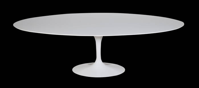 Eero Saarinen for Knoll International Tulip Table: Eero Saarinen (Finnish, 1910-1961). Mid Century Modern style "Tulip" table for Knoll International. Manufacturing date of April 6th, 2017. Enameled steel base and molded laminate top. Knoll Studio 195