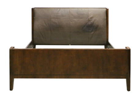 Barbara Barry for Baker Art Deco Style Bed: Barbara Barry (American, 20th century). King-size Art Deco style bed designed for Baker Furniture. Mahogany, brown leather fittings on headboard and footboard, brass capped feet. Baker Furniture label