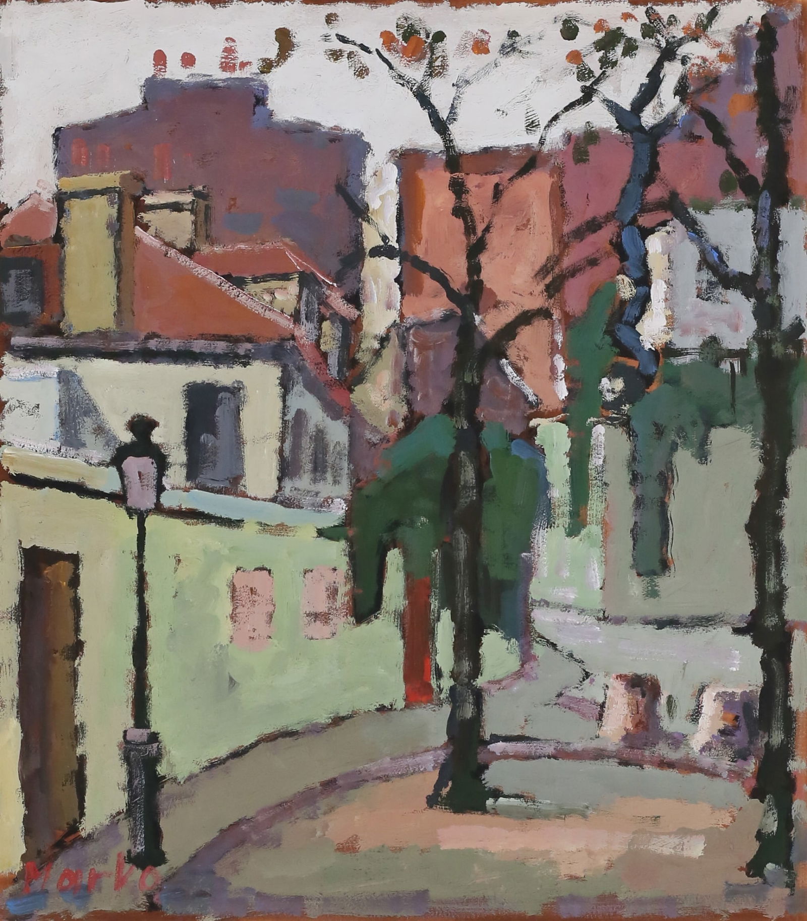 Attributed to Marko Stupar Oil on Paper Village: Attributed to Marko Stupar (Yugoslavian, 1936-). Oil on paper, village scene. Signed lower left, Marko. Unframed. Image 16 5/8" x 14 5/8" (sheet 25 5/8" x 19 5/8"). Toning and discoloration to margins