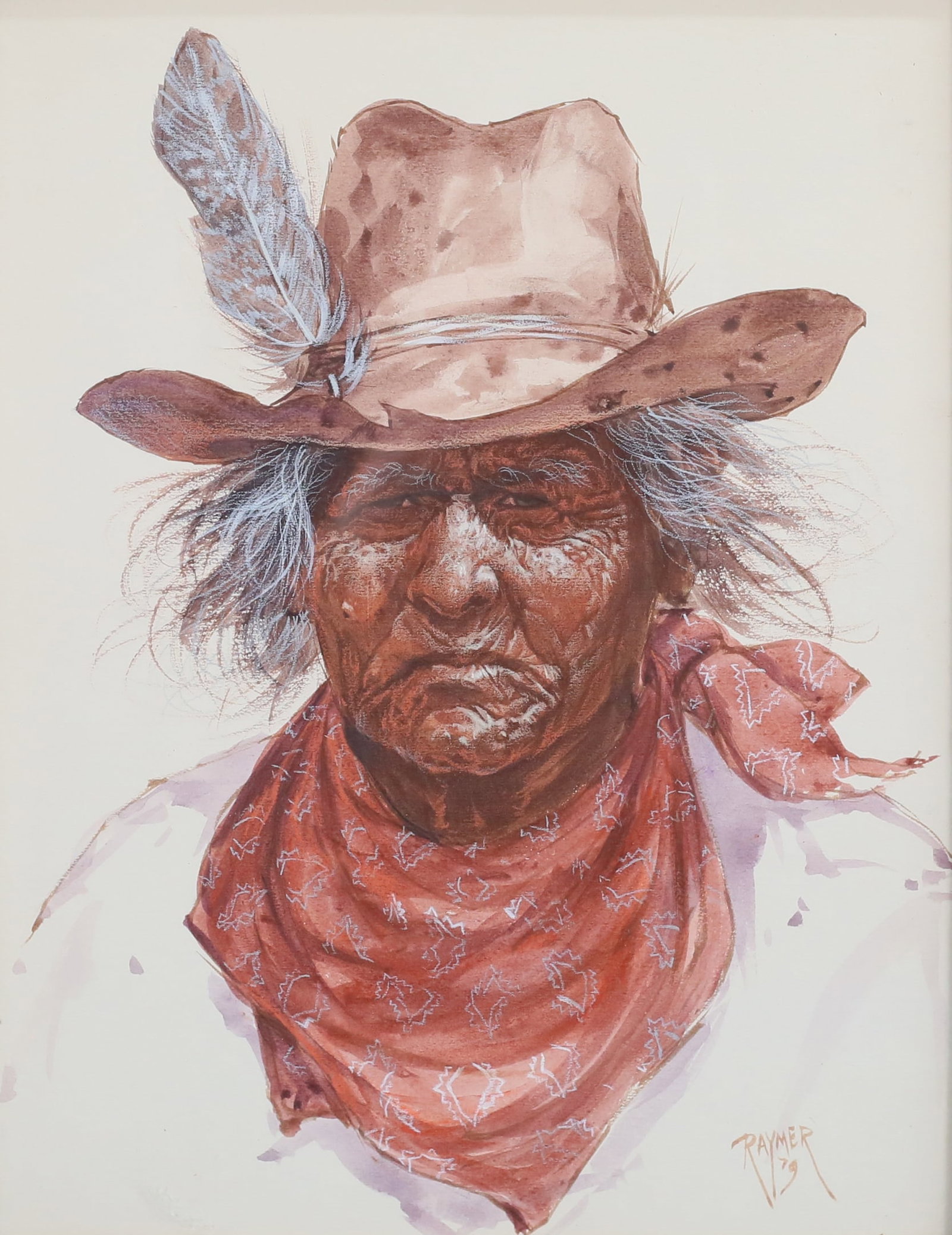 Ron Raymer Acrylic on Paper Portrait: Ron Raymer (American, 1943-2018). Acrylic on paper, Native American portrait. Signed and dated Raymer 79 lower right. 13 1/2" x 10 1/2" (with frame 19 3/4" x 16 3/4").