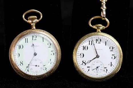 Two Pocket Watches Hamilton And Perfection: Gold tone Perfection pocket watch. Minute, hour and second hands. Face marked "Perfection". Works marked "Perfection USA", "6732869". Back of case marked "Philadelphia Watch Case Co Victory Warranted