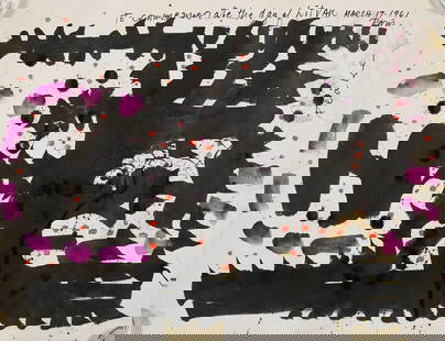 Channing Peake Mixed Media Day of Litvak: Channing Peake (American, 1910-1989). Mixed media gouache on paper, Day of Litvak. Abstract, with inscription "to commemorate the day of Litvak, March 17, 1961 Paris". Signed upper right and signed an