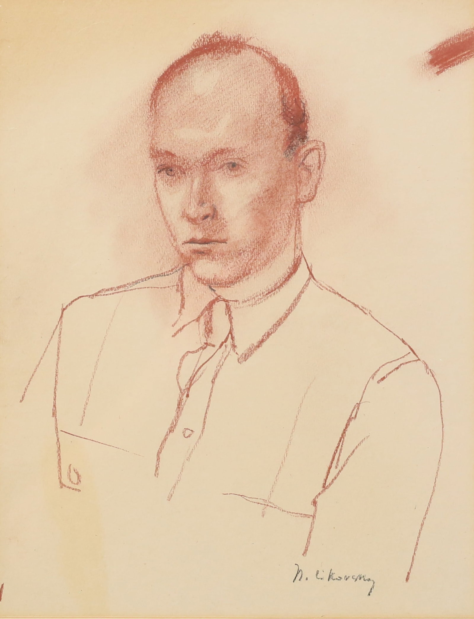 Nicolai Cikovsky Drawing Portrait of a Man: Nicolai Cikovsky (American, 1894-1987). Crayon on paper drawing, portrait of a man. Signed lower right N. Cikovsky. 13" x 10" (with frame 20 1/2" x 17"). Some toning and discoloration to paper, discol