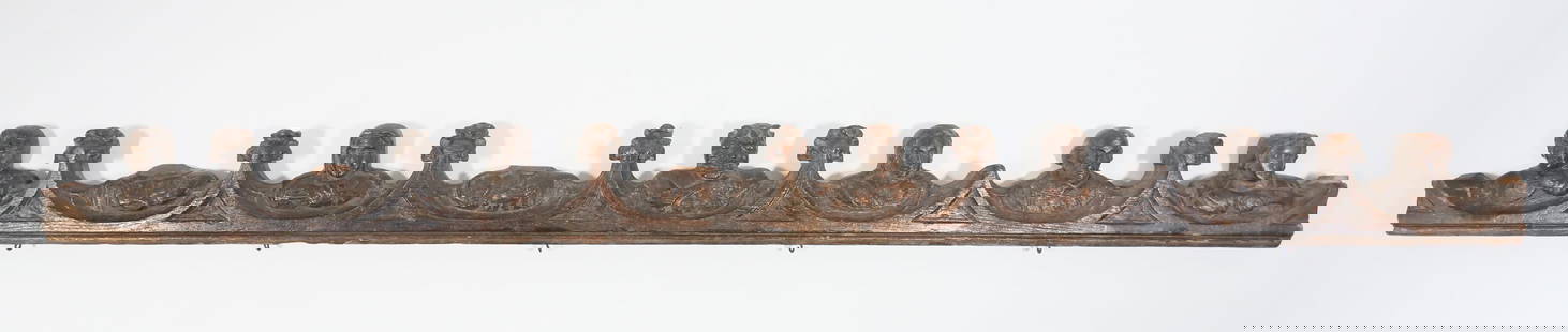 Carved Wooden Gothic Style Architectural Element: Wooden carved Gothic style figural architectural element converted into coat rack. Five later coat hooks on bottom. Heads missing from two figures. Chips and losses to wood throughout all figures and