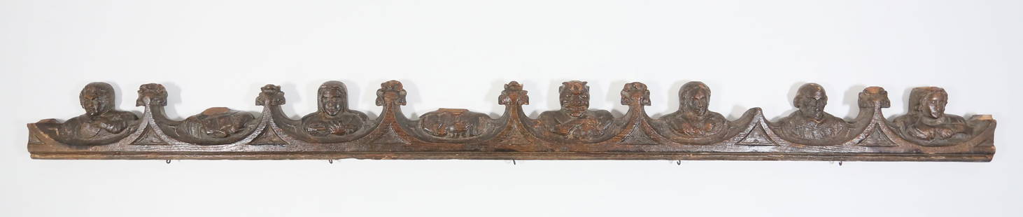 Carved Wooden Gothic Style Architectural Element: Wooden carved Gothic style figural architectural element converted into coat rack. Five later coat hooks on bottom. Heads missing from two figures. Chips and losses to wood throughout all figures and