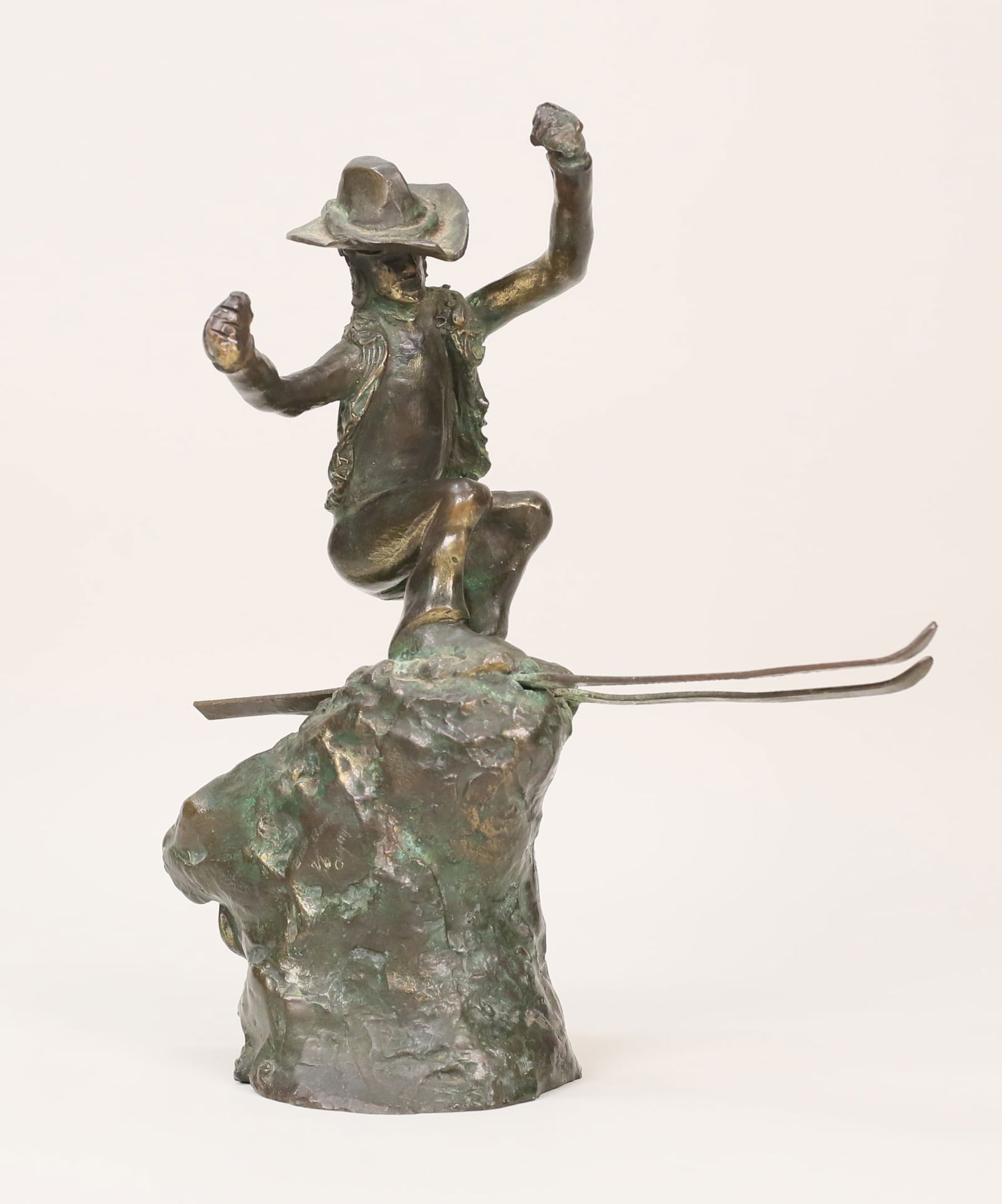 Bob Bennett Bronze Billy Kidd: Bob Bennett (American, California, 1928-2003). Patinated bronze sculpture of a skier, Billy Kidd. Signed, numbered 7/76 and titled Olympic on the base. 10 3/8"H. Missing ski poles.