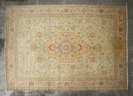 Parsa Turkish Weave Room Size Rug: Turkish weave silk and wool room size rug. 14'3/4" x 9'11". Fading throughout, wear and losses to pile of rug throughout, staining.