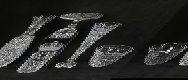 6 Pieces Waterford Crystal: 6 piece Waterford Crystal lot. Glendon vase, 10"H; "pineapple" form flower vase, 12"H; cake stand, 5"H x 10"-diameter; 2 Glandore pattern bowls, larger 4"H x 9"-diameter; Glandore biscuit jar with lid