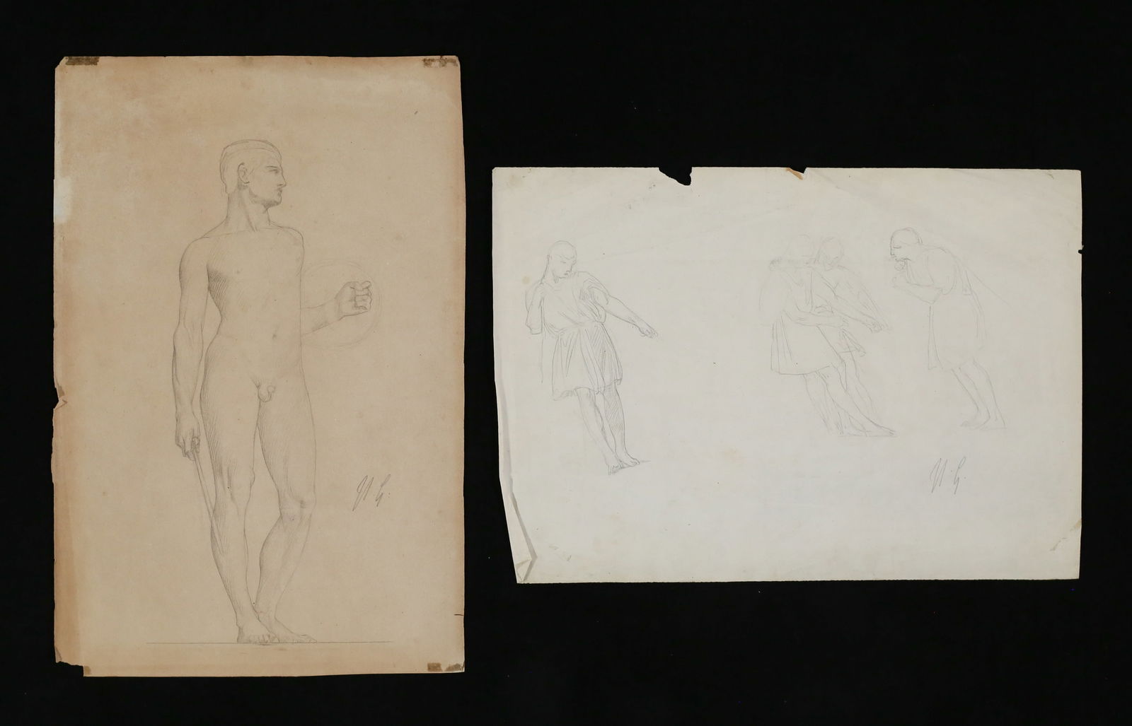 Jean-Leon Gerome 2 Pencil Drawing Studies: Jean-Leon Gerome (French, 1824-1904). 2 studies, both pencil drawings on paper. Male nude, sheet 13 1/2" x 9"; warriors, sheet 9" x 12 5/8". Each artist initialed lower right and with inscriptions and