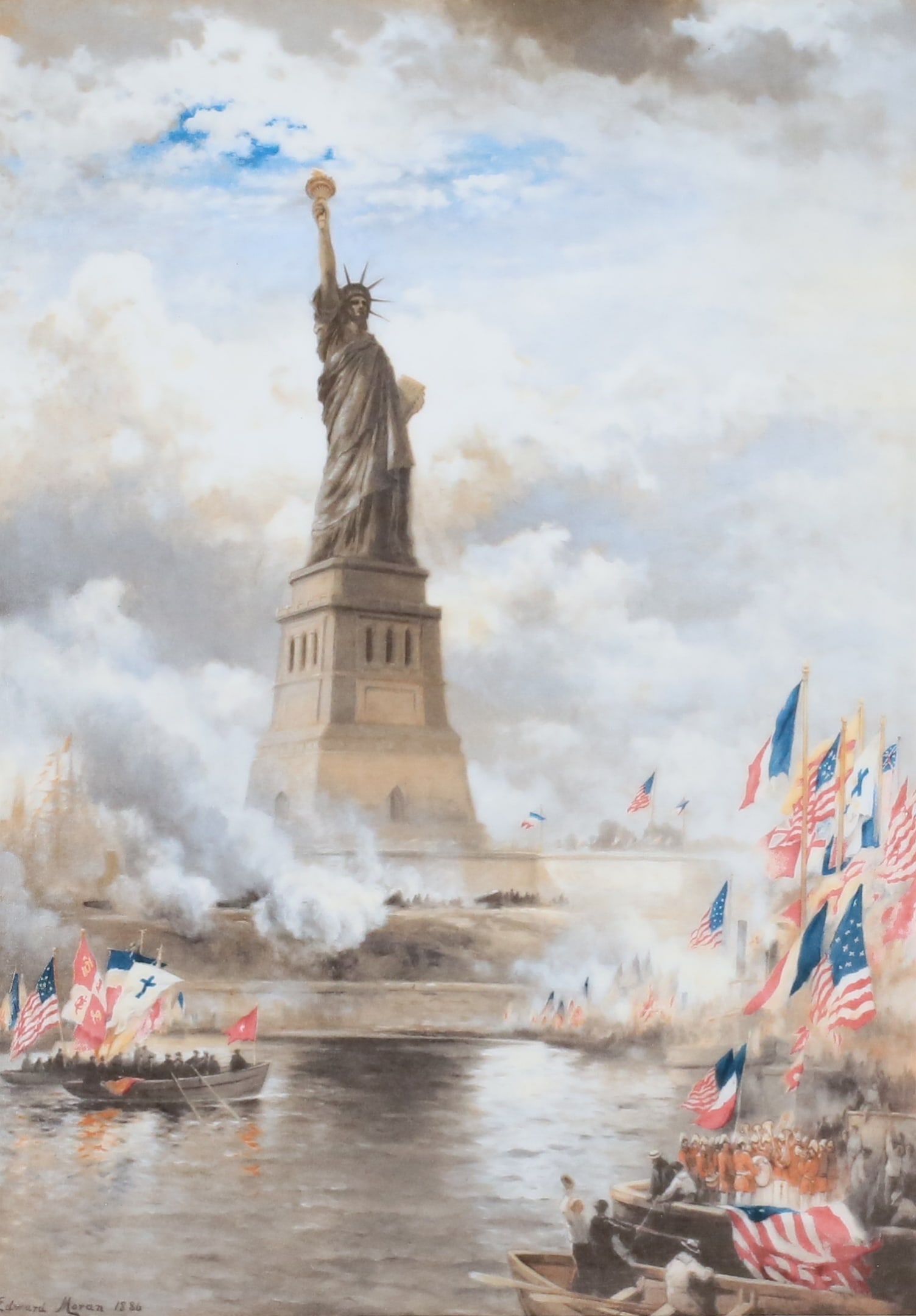 After Edward Moran B&G Plaque Statue of Liberty: After Edward Moran (American, 1829-1901). Bing & Grondahl printed porcelain plaque, The Unveiling of the Statue of Liberty Enlightening the World, after a painting by Moran. Numbered 770/2500 on verso