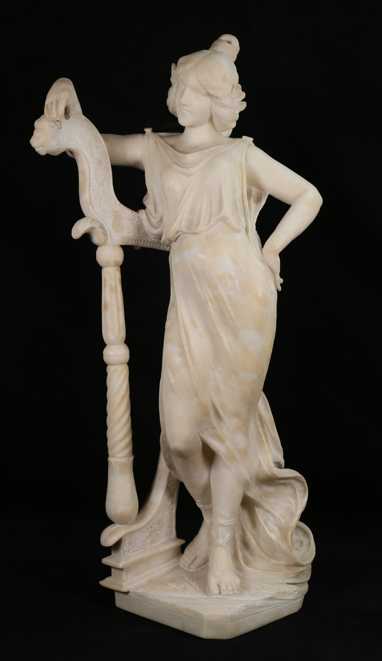 Carved Alabaster Sculpture Woman With Harp: Carved alabaster sculpture of a woman with a harp. Unsigned. 32"H. Chips to fingers on both hands, chips to base, chips to bottom of rob, repair to wrist.