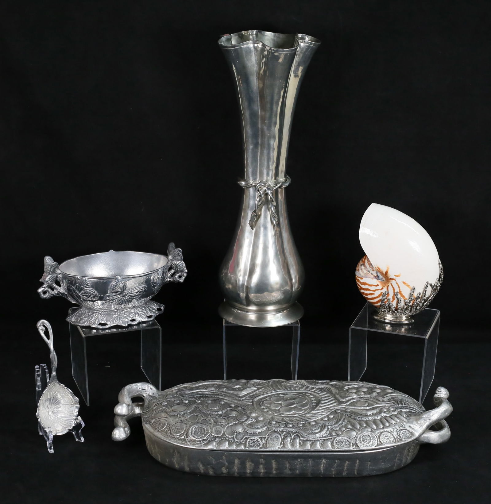 Decorative Lot Don Drumm, Arthur Court, Goardere: 5 pieces decorative metal tableware. Don Drumm aluminum covered oval casserole dish, signed and dated 1969, 19 3/4"L; Jean Goardere pewter vase, 17 3/4"H; Arthur Court double handled aluminum butterfl