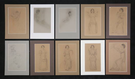 Frank Vincent Dumond 10 Drawings & Studies: Frank Vincent Dumond (American, 1865-1951). Set of 10 drawings on brown paper, mostly studies and portraits of women in various poses. Pencil and charcoal, some with body color. All unsigned. Couple r