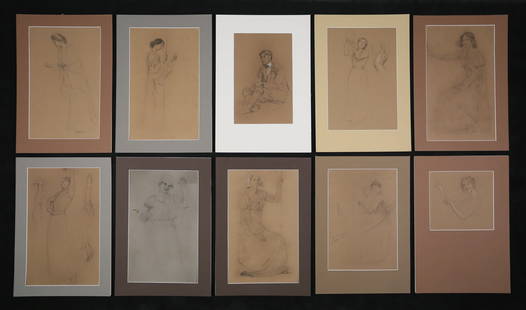 Frank Vincent Dumond 10 Drawings & Studies: Frank Vincent Dumond (American, 1865-1951). Set of 10 drawings on brown paper, mostly studies and portraits of women in various poses. Pencil and charcoal, some with body color. All unsigned. Woman ho