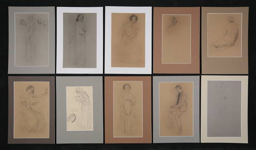 Frank Vincent Dumond 10 Drawings & Studies: Frank Vincent Dumond (American, 1865-1951). Set of 10 drawings on brown and gray paper, mostly studies and portraits of women and men in various poses. Pencil and charcoal, some with body color. All u