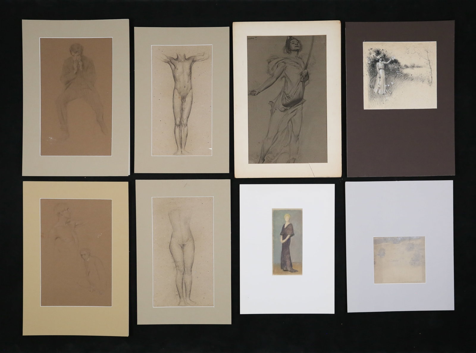 Frank Vincent Dumond 8 Drawings & Studies: Frank Vincent Dumond (American, 1865-1951). Set of 8 drawings, 7 on paper and one on board. Including studies and portraits of women and men, and landscapes. Pencil, charcoal, body color and one paste