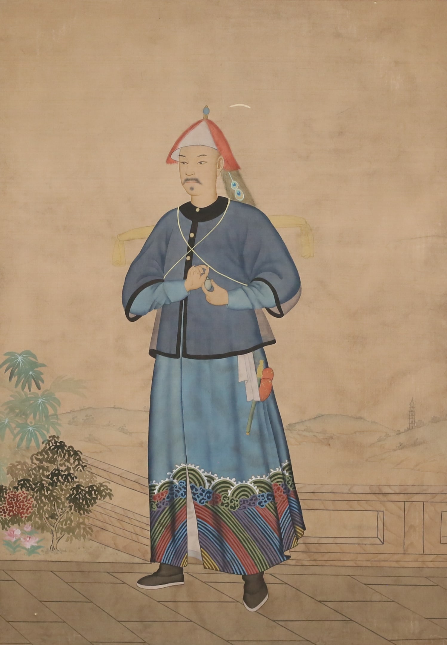 Chinese Painting on Fabric Man With Snuff Bottle: Chinese painting on fabric, man holding a snuff bottle. Unsigned. 40" x 28" (with frame 41" x 29"). Scratch to fabric above man's head, discoloration throughout, chips and losses to frame.