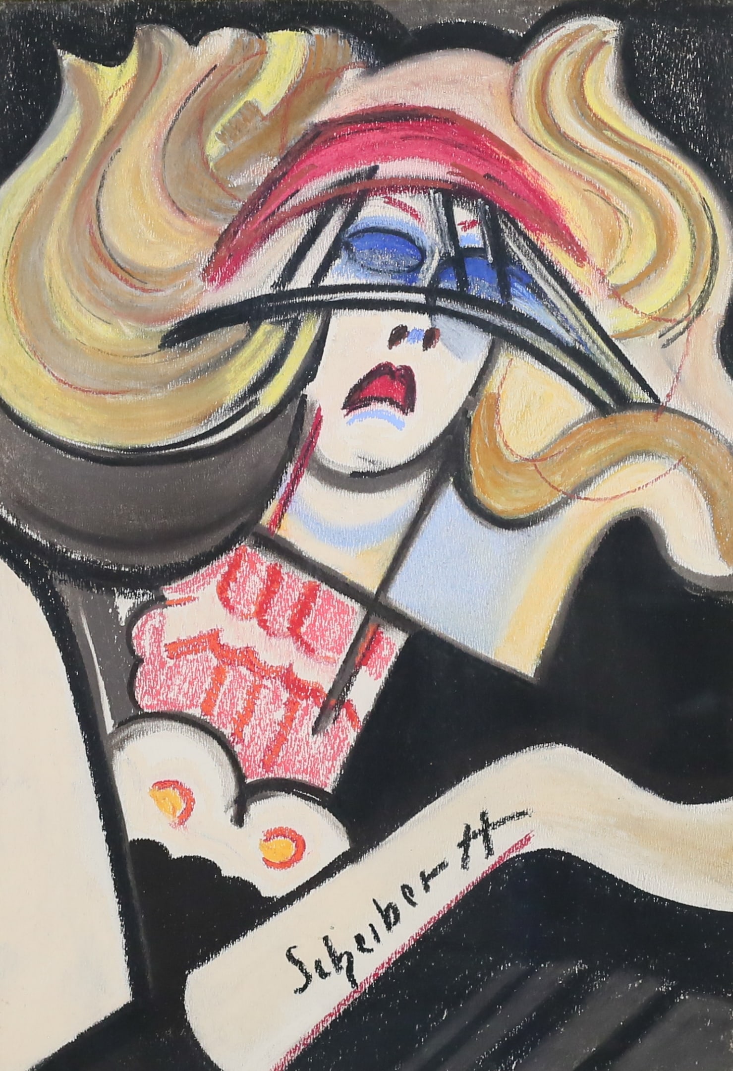 Hugo Scheiber Pastel Portrait of a Woman: Hugo Scheiber (Hungary, 1873-1950). Abstract pastel, portrait of a woman. Signed lower center Scheiber H. 16 1/4" x 11 1/8" (with frame 23 1/4" x 17 3/4"). Losses to frame.