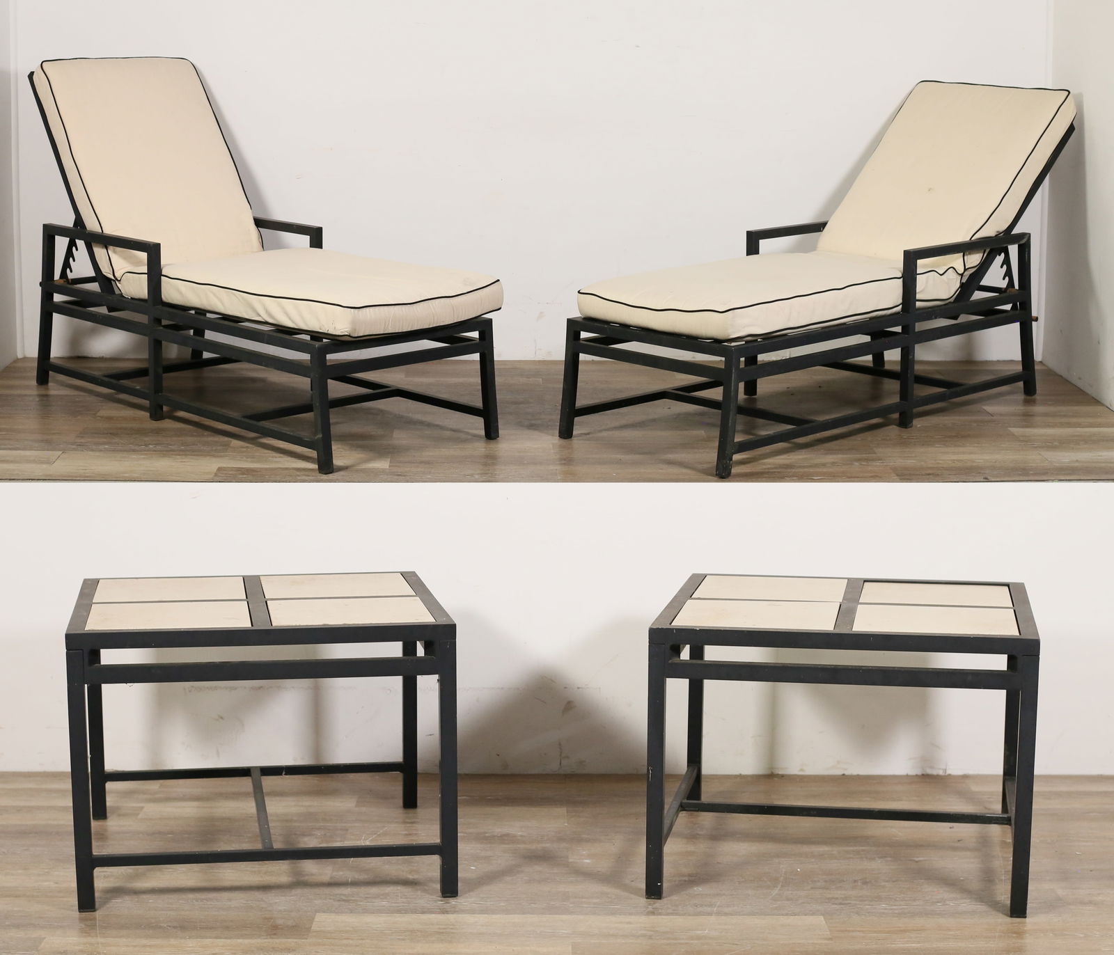 Pottery Barn Style Outdoor Metal Chaises & Tables: Metal chaise lounges 13" x 25" x 76" when flat. In addition two metal side tables with tile insets. 20" x 27.5" x 27.5" Wear and scratches. All measurements are taken without cushions. Missing some pl