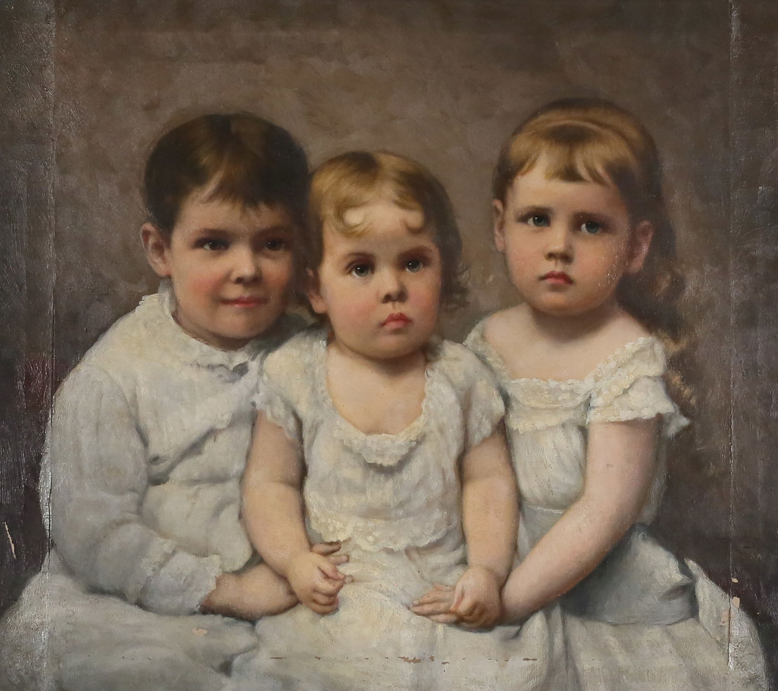 James Reeve Stuart Oil on Canvas Three Children: James Reeve Stuart (American, 1834-1915). Oil on canvas, three children. Signed and dated lower right J.R. Stuart 1886. 25 3/4" x 29 3/4" (with frame 32" x 36"). Vertical "seams" the height of the can