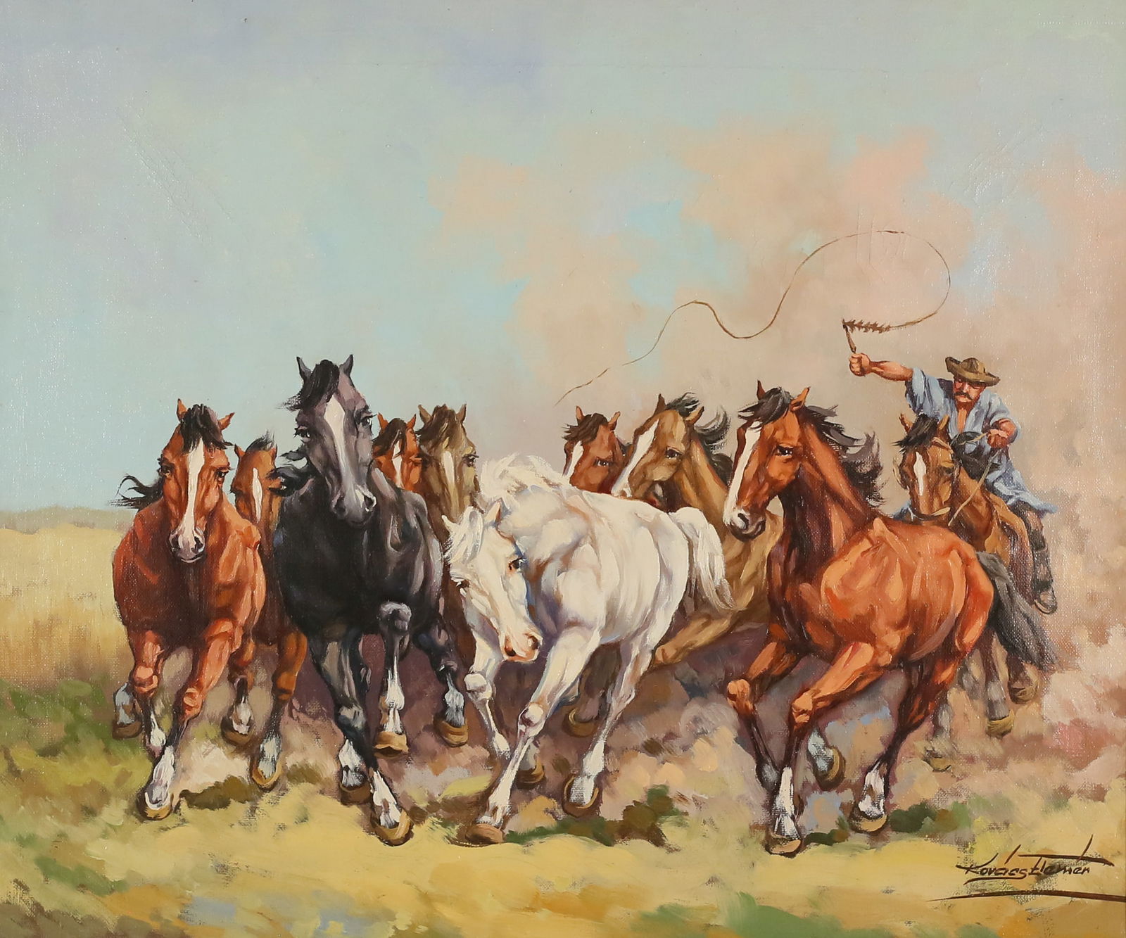 Elemer Kovacs Oil on Canvas Horses: Elemer Kovacs (Hungary, 1930-). Oil on canvas, horses. Signed lower right Kovacs Elemer and with artist's stamps on verso. 19 1/2" x 23 1/2" (with frame 25 1/2" x 29 1/2"). Minor paint loss upper left