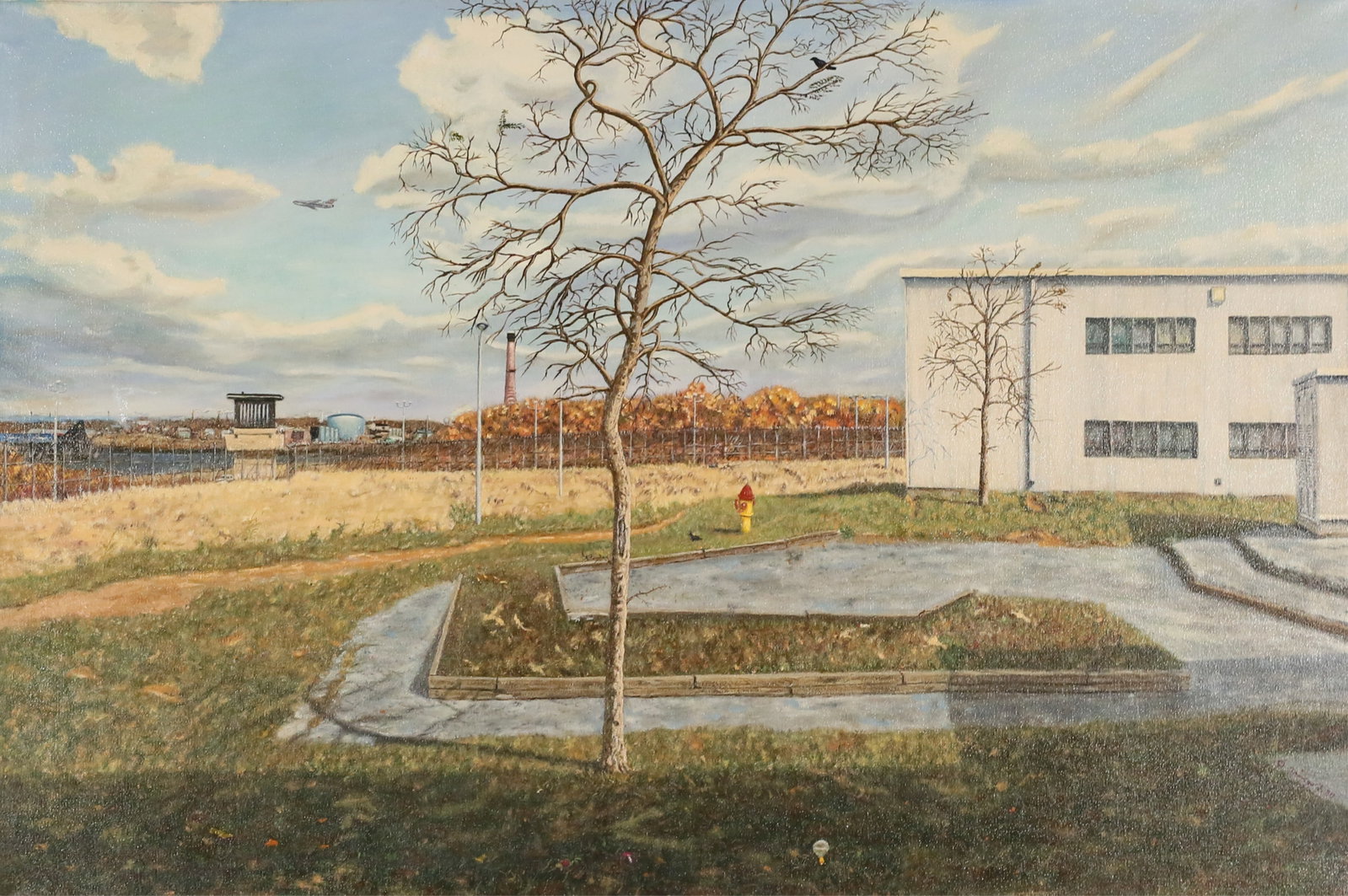 Domingo Luyanda Oil on Canvas Prison Yard: Domingto Luyanda (American, Brooklyn, New York, 20th century). Oil on canvas, prison yard, Window Site #11 Fall. Signed and dated with artist's monogram and Mingo 80 lower right and signed, titled and