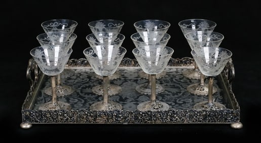 13 Piece 800 Silver & Etched Glass Cordial Set